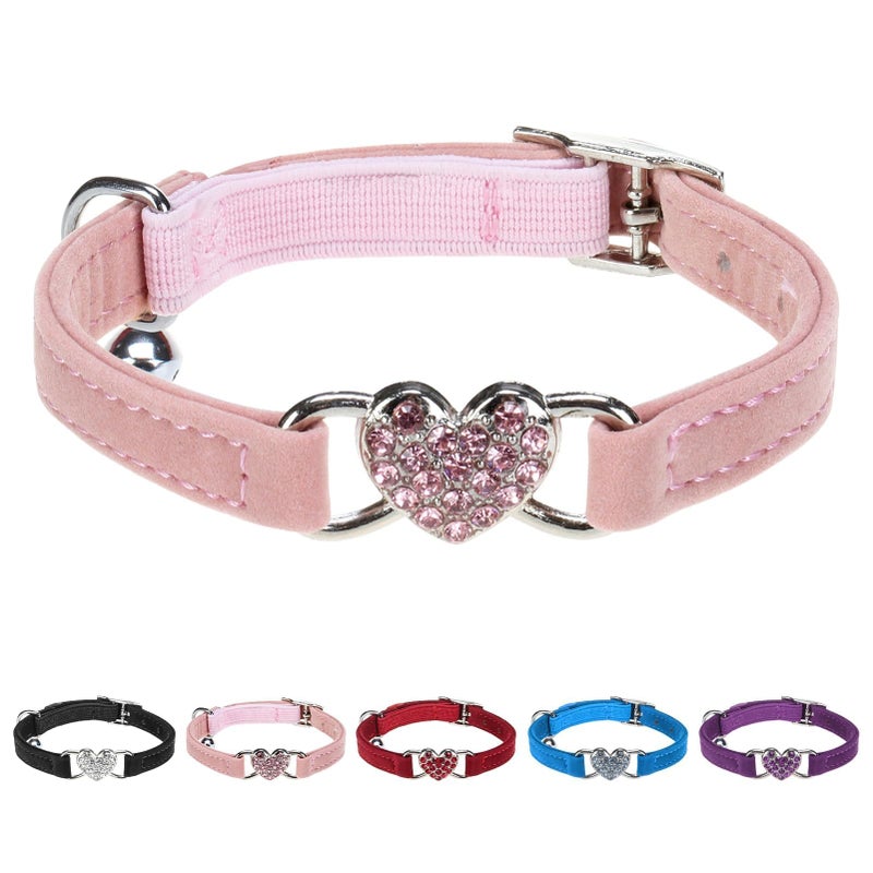 BINGPET Diamond Cat Collar,Adjustable Soft Velvet Leather Safe Kitten Collar with Crystal Heart Charm and Bells,Girl Boy Bling Stylish Cat Collars with Safety Elastic (Pink, Neck Girth 8"-10") - Image 1